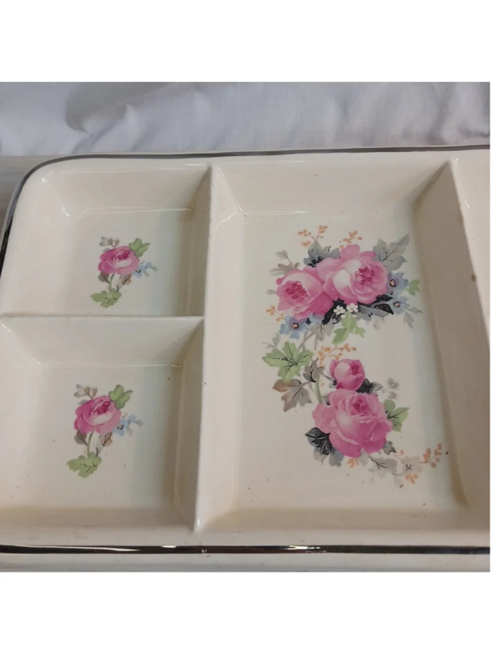 Vintage Ovenproof Divided Serving Tray Floral Pink Rose Silver Raised Trivet